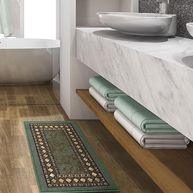 Antep Rugs Alfombras Modern Bordered 2x4 Non-Skid (Non-Slip) Low Profile Pile Rubber Backing Kitchen Area Rugs (Green, 2'3" x 4')