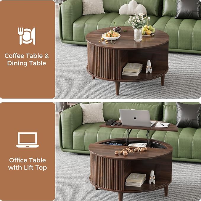 Round Coffee Table with Storage, Fluted Lift Top Coffee Table for Living Room, 31.5" Mid Century Modern Center Table with Sliding Cabinet Door, Walnut