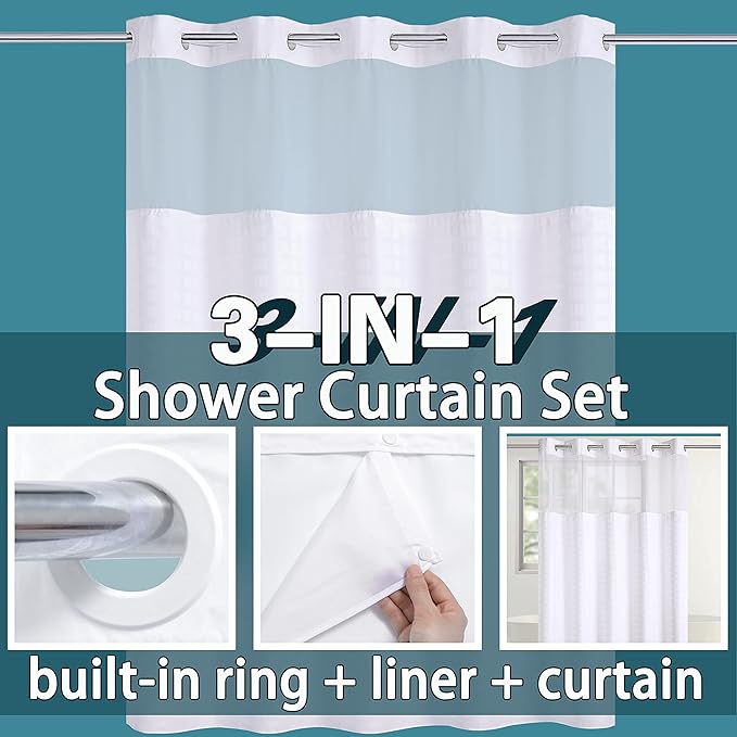 Conbo Mio No Hook Shower Curtain with Snap in Liner Set, Hotel Luxury White Shower Curtains for Bathroom with See Through Top Window, Waterproof, Washable 71W x 74H