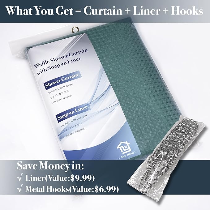 N&Y HOME Waffle Weave Shower Curtain with Snap-in Fabric Liner & 12 Metal Hooks Set - Hotel Style, Waterproof & Washable, Heavyweight Fabric & Mesh Top Window - 71x72, Teal