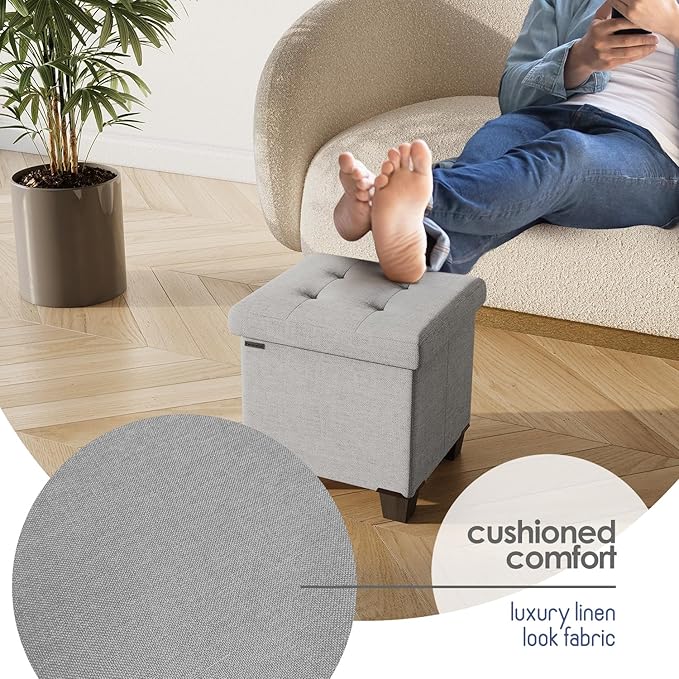 STORAGEBUD Storage Ottoman Cube with Small Bin, 16-in Square Ottoman with Storage for Living Room and Bedroom, Small Ottomans Foot Rest, Fabric Foot Stools Ottomans Max 330lbs, Light Grey