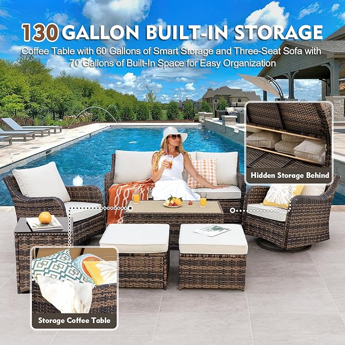 7 Pieces Patio Furniture Set with Swivel Chair, Outdoor Patio Conversation Set, Patio Sectional Furniture Set with 2 Swivel Rocker Patio Chair and Sofa, 2 Ottomans and Coffee Table (Brown)