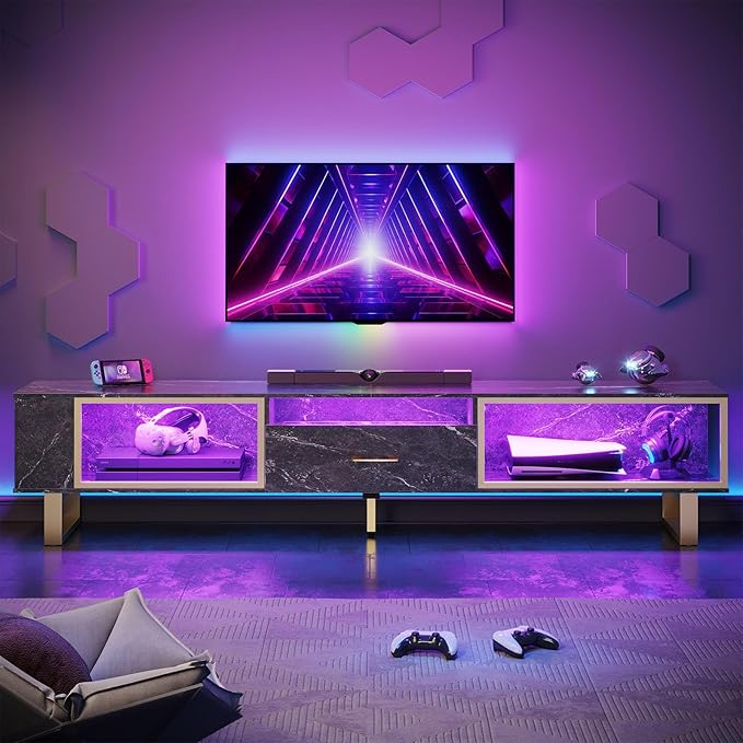 Bestier 80 Inch TV Stand for 65/75/85/90 Inch TVs, LED Gaming Entertainment Center for PS5 with Open Storage and Drawer, Modern High Gloss Media Console for Living Room Bedroom, Black Marble