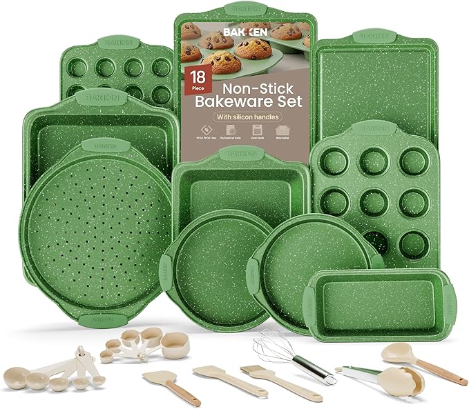 BAKKEN Kitchen Baking Pan Set - Nonstick Green Marble Coating, Carbon Steel Bakeware Sets with Green Silicone Handles, Kitchen Essentials, PFOA, PFOS, PTFE Free, Oven Safe (Up To 450° F), Set of 18