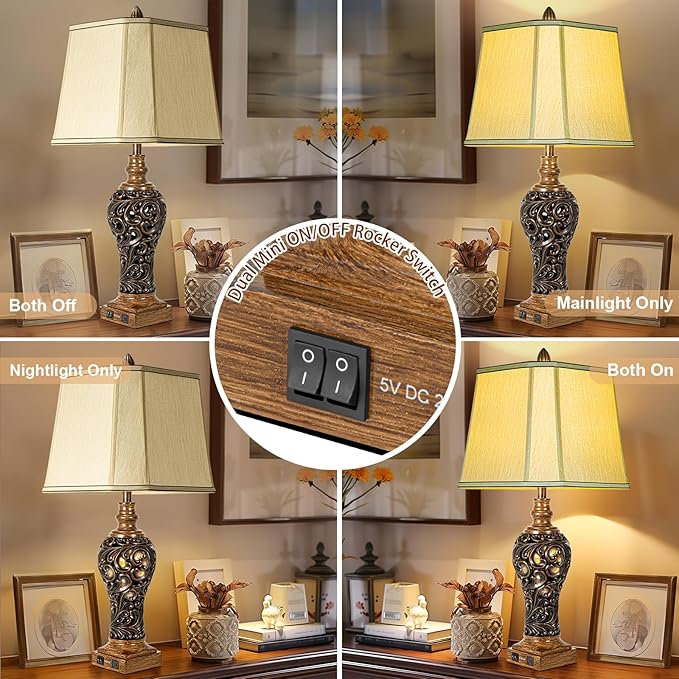32'' Tall Rustic Vintage Table Lamps Set of 2 with Night Lights - Bedside Lamp with Faux Silk Shades for Bedroom and Living Room with 2 USB Charging Ports,Rustic Lamps for Living Room(Bulb Included)