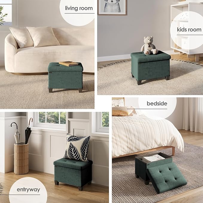 STORAGEBUD Storage Ottoman Cube with Small Bin, 16-in Square Ottoman with Storage for Living Room and Bedroom, Small Ottomans Foot Rest, Velvet Foot Stools Ottomans Max 330lbs, Green