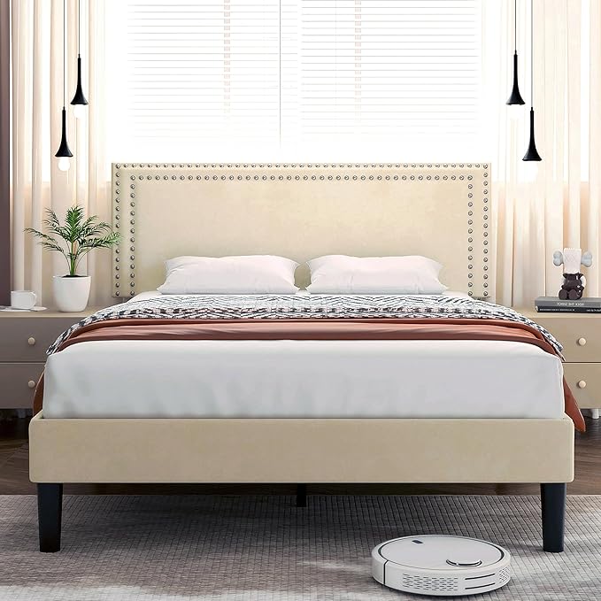 VECELO Queen Size Bed Frame with Adjustable Upholstered Headboard, Wooden Slats Platform, Noise-Free Design, Easy Assembly