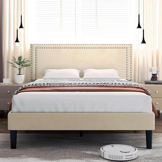VECELO Full Size Bed Frame with Adjustable Upholstered Headboard, Wooden Slats Platform, Noise-Free Design, Easy Assembly