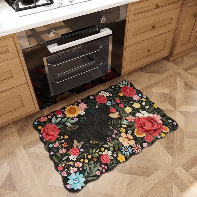 Floral Washable Entryway Rug 2'x3' Non Slip Boho Vintage Indoor Door Mat Low Pile Soft Carpet for Bathroom, Front Door, Kitchen, Laundry Small Spaces Decor (Black)