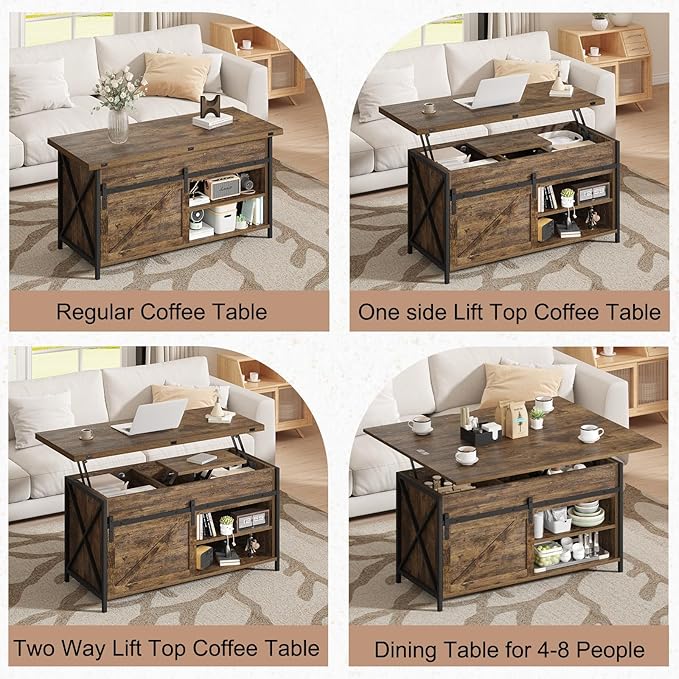 Lift Top Coffee Table with Storage and Sliding Door, 4 in 1 Multi-Function Convertible Tea Table with Hidden Compartment, Farmhouse Center Table with Wood Lift Tabletop for Living Room Brown