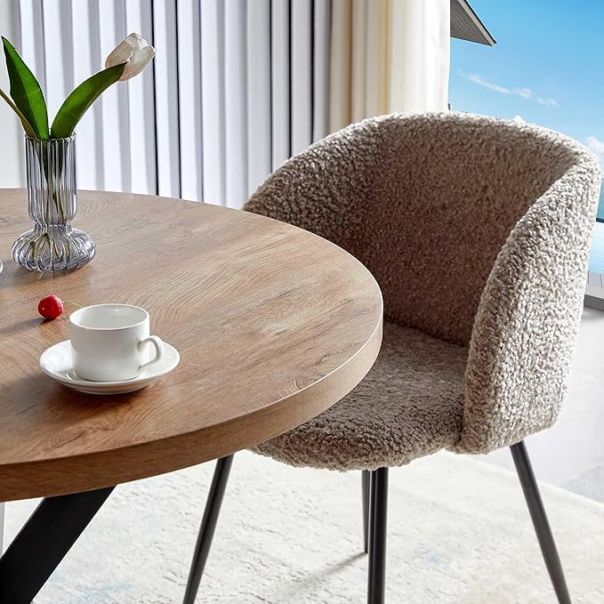 5 PCS Kitchen Dining Table Set, 37" Round Breakfast Dining Table MDF Tabletop, Space Saving Coffee Table Set for 4, Cozy Fluffy Sherpa Armchair Upholstered Dining Chairs with Metal Legs