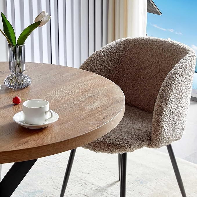 Dining Table Set for 2 with Chairs, 37" Engineered Wood Round Table Wipe Clean with 2 Fluffy Sherpa Arm Chairs, Modern Dinette Set with Metal Legs for Breakfast, Dining Room, Coffee Shop
