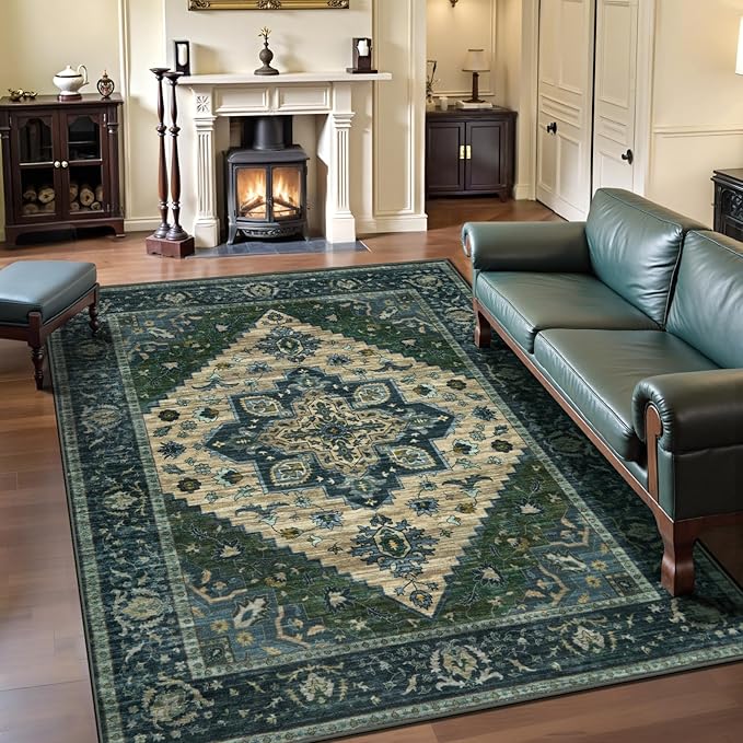 Tangsoo 4x6 Washable Rug Vintage Non Slip Indoor, Distressed Carpet for Living Room, Dining Room, Soft Low Pile Rugs Foldable for Bedroom Dorm Bedside Bathroom Green
