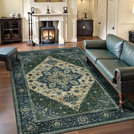 Tangsoo 4x6 Washable Rug Vintage Non Slip Indoor, Distressed Carpet for Living Room, Dining Room, Soft Low Pile Rugs Foldable for Bedroom Dorm Bedside Bathroom Green