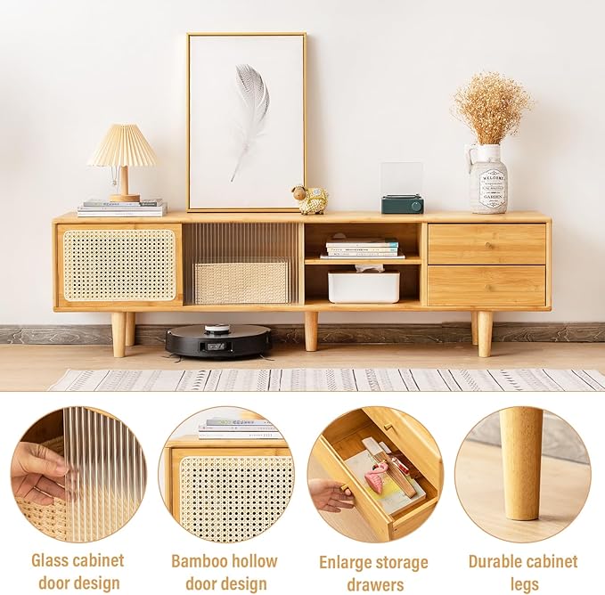 Tiita Rattan TV Stand for 55 60 Inch TV, Bamboo TV Cabinet with 2 Drawers, Boho Entertainment Center with Adjustable Shelf, Mid Century Modern Media Console for Bedroom, Living Room, Study