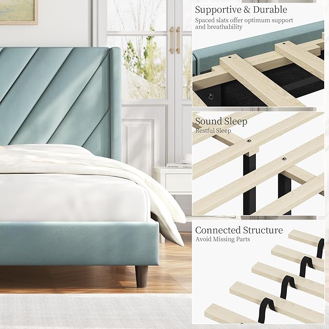 Yaheetech Queen Bed Frame Upholstered Platform Bed with Wing Side/Wooden Slat Support/Tufted Headboard with Wing Side/Mattress Foundation/No Box Spring Needed,Blue Lake Queen Bed