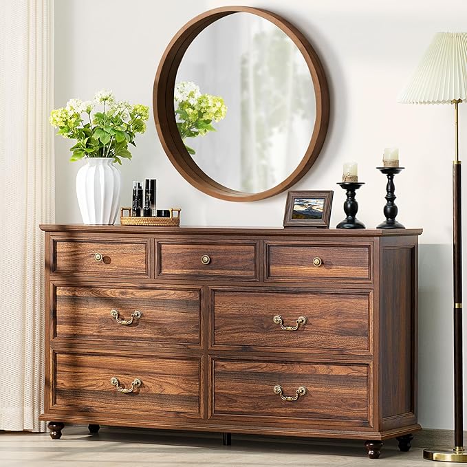 Farmhouse 54" 7 Drawers Dresser for Bedroom, Vintage Wood Chest of Drawers w/ 4 Wooden Legs, Wide Closet Storage Dressers Organizer for Hallway, Rustic Large TV Stand for Living Room, Brown