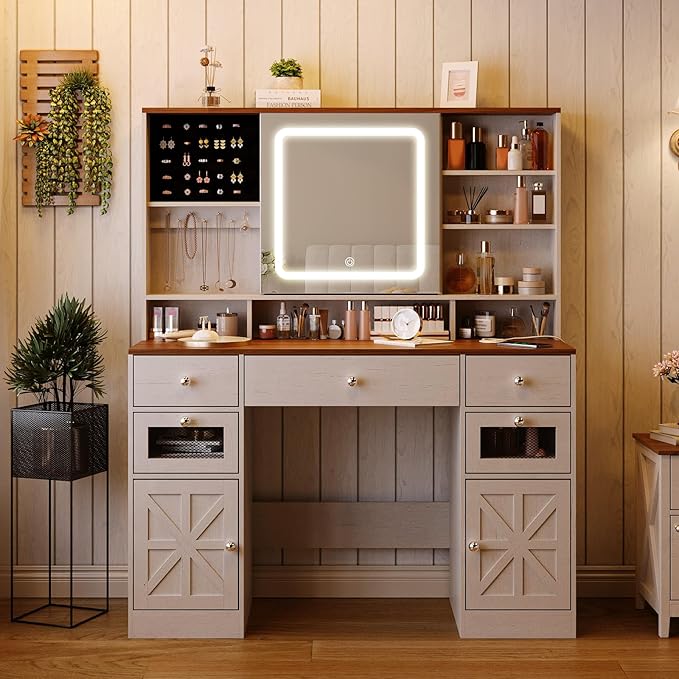 Farmhouse Vanity Desk with Mirror and Lights,White Makeup Vanity with 5 Drawers & Hidden Storage,Rustic Large Dressing Table with Charing Station & Shelves for Bedroom