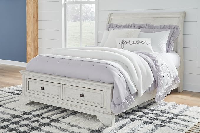 Signature Design by Ashley Robbinsdale Casual Full Sleigh Storage Platform Bed with 2 Drawers, Foundation or Box Spring Not Needed, White