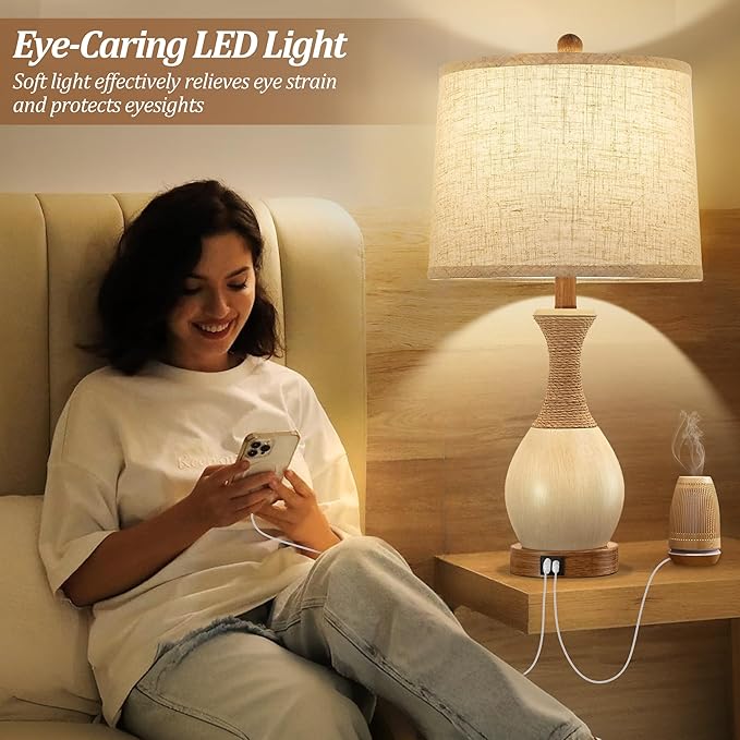 Table Lamp for Bedroom Set of 2 - Bedside Table Lamps with 3 Color Temperatures - Boho Rattan Lamps for Nightstand with USB A+C Charging Ports Farmhouse Living Room Lamp Bulb Included