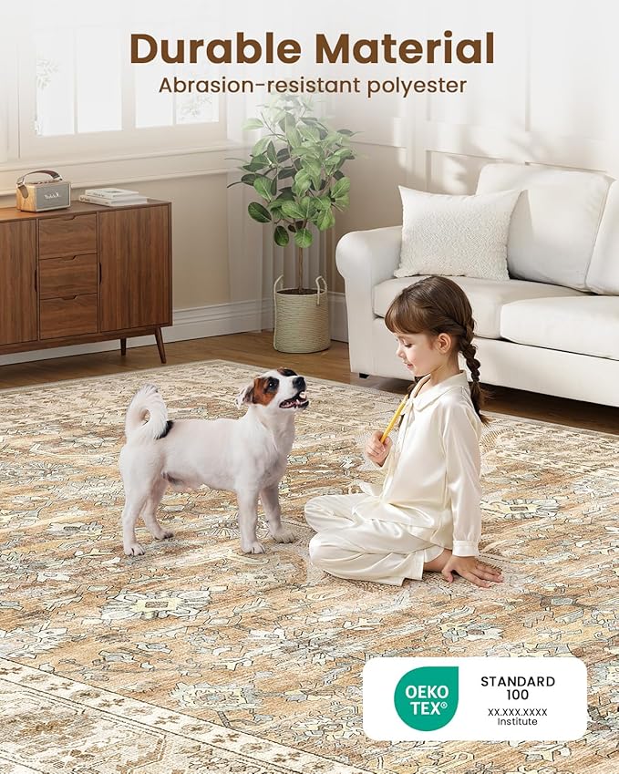 HOMFINE Machine Washable Rug 9'x12' - Vintage Design Area Rugs with Non Slip Rugs for Living Room Bedroom Floral Print Rug Carpet Stain Resistant, Home Decor Office Area Rug, Beige Brown