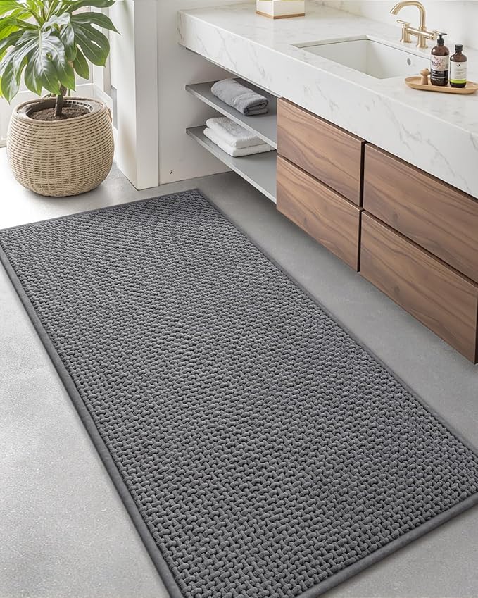 Color&Geometry Ultra Soft Chenille Bathroom Rugs Non Slip Rubber Backing, Machine Washable, Super Absorbent Floor Mat for Bathroom, Bathtub, Quick Dry Grey Bath Mat, Long Bath Runner,17"x47"