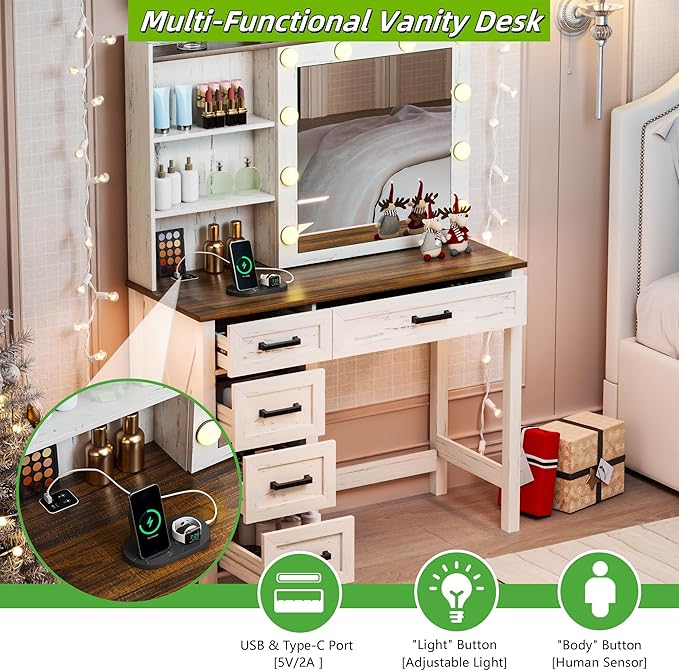 Makeup Vanity, Farmhouse Vanity with Sliding Mirror & 3 Levels of Open Storage Shelves, 35'' Intelligent Makeup Desk with Multi-Functional Charging Station & Hidden Storage for Bedroom, White