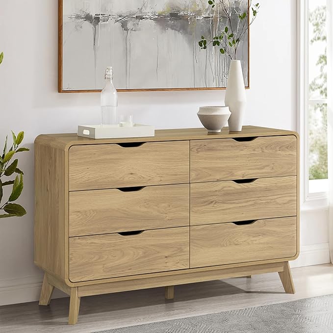 Meadow 6 Drawer Dresser for Bedroom, 47.2″ W Modern Wide Chest of Drawers, Wood Storage Organizer for Clothes, Entryway, Hallway, Nursery or Living Room, Oak