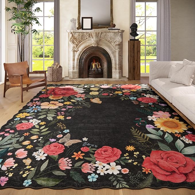 8'x10' Washable Rugs for Living Room, Soft Lightweight Non Slip Stain Resistant Dining Room Vintage Boho Floral Black Rug Easy Clean Throw Carpet for Bedroom