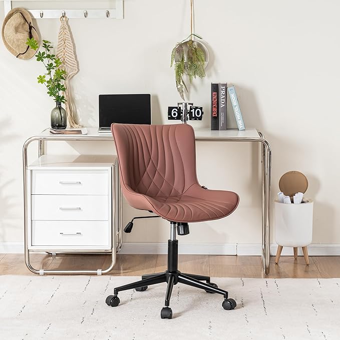 YOUNIKE Office Chair, Armless Desk Chair with Wheels, Adjustable Swivel Home Office Computer Task Chairs, Modern Faux Leather Upholstered Vanity Chair with Back, Dusty Rose