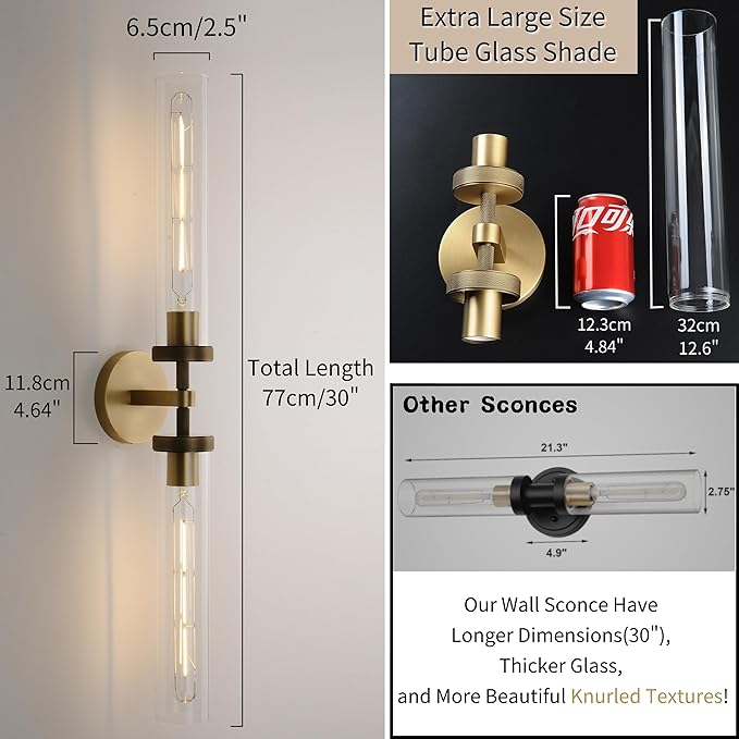 30" Bathroom Wall Sconce, Brass Wall Sconces Hardwired, Gold Wall Sconce Dimmable, Knurled Linear Sconces Wall Lighting with Glass Tube, Vanity Light for Bathroom, Living Room, Bedroom