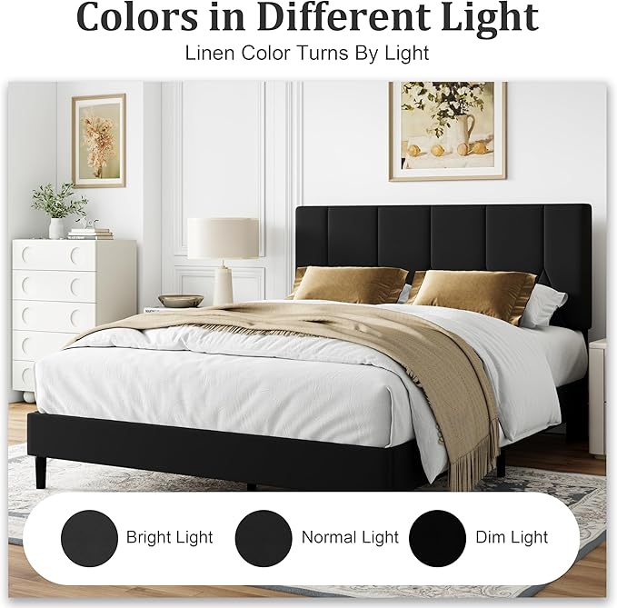 Queen Size Bed Frame, Platform Bed Frame with Velvet Upholstered Headboard, Queen Upholstered Mattress Foundation with Strong Wooden Slats, No Box Spring Needed, Noise Free, Easy Assembly