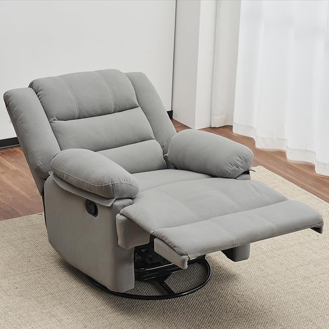 Swivel Rocking Recliner Chair for Adults, Overstuffed Manual Rocker Nursery Recliner Glider, Upholstered Fabric Reclining Single Sofa Chair for Living Room (Light Grey)