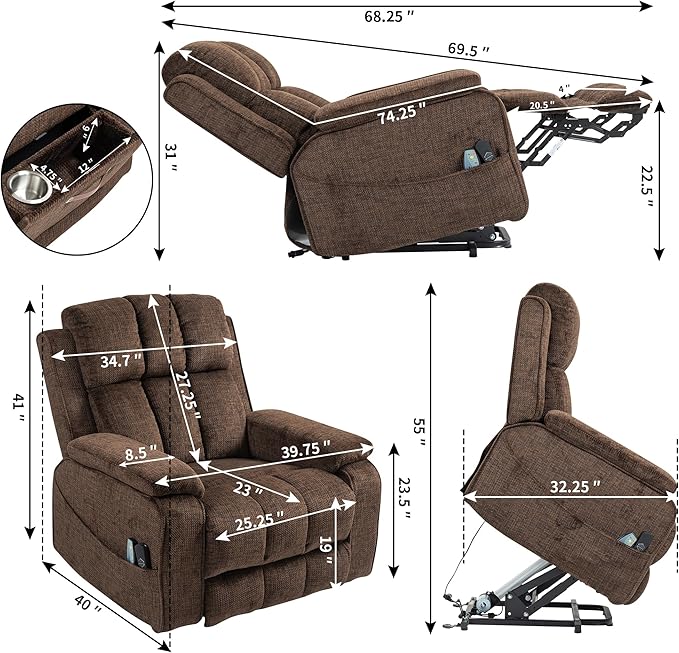 Oversized Lifting Recliners for Seniors, Extended Footrest, Big and Tall Recliners 400 lbs Lay Flat Recliner with Heat & Massage Side Storage Cup Holder for Elderly Relaxing