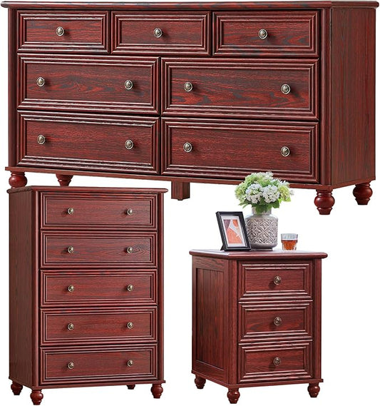 Farmhouse Dressers & Night Stand Set of 3, Wood 54" Wide Dresser & 45" Tall Chest of Drawers, 18" Roman Column Nightstand, Bedroom Furniture 7 Drawer Dresser Set for Bedroom Home Living Room Hallway