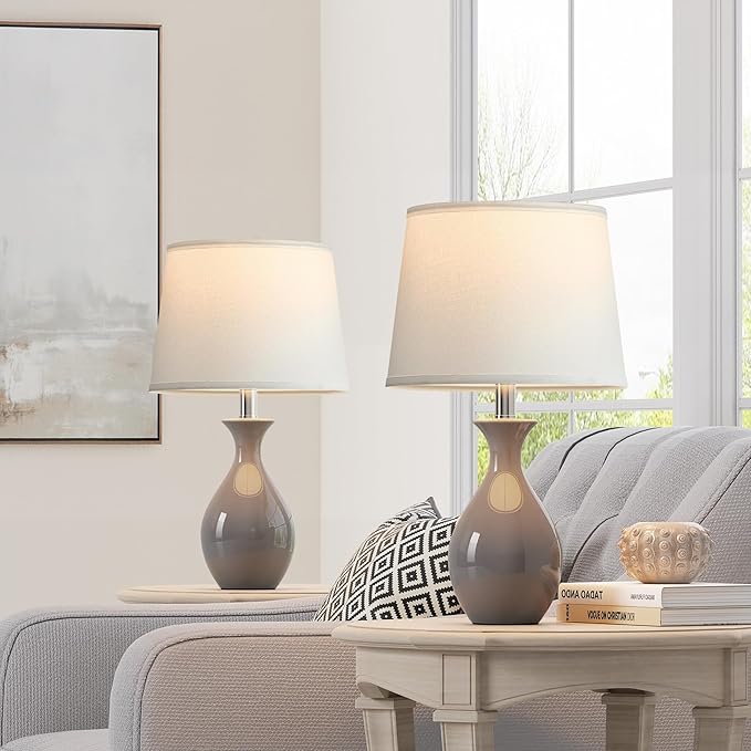 PARTPHONER Table Lamp Set of 2, Modern Ceramic Bedside Lamps for Night Stands, Classic Small Lamp Nightstand Lamp for Bedroom Living Room Desk End Table Rocker Swtich Grey