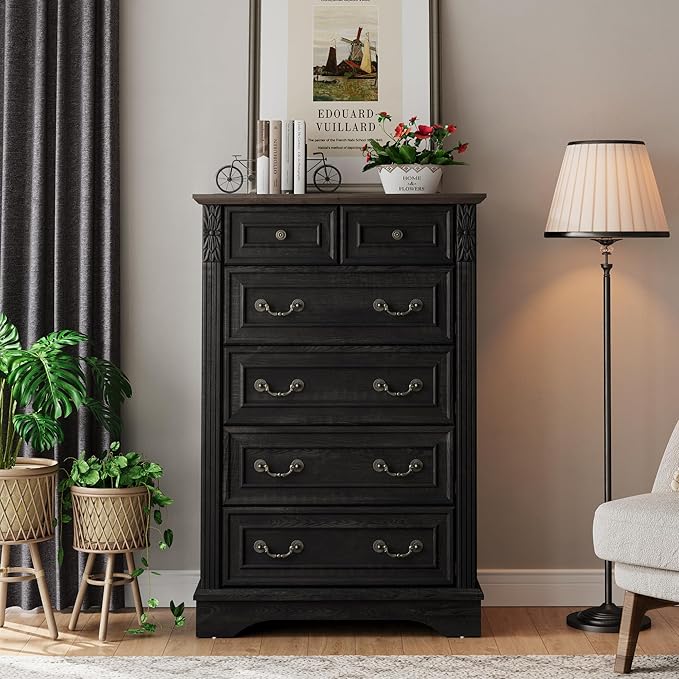 Farmhouse 6 Drawers Dresser, Wood Dressers for Bedroom, Tall 6 Chset of Drawers with Carved Wood Pilasters, Rustic Dressers Organizer for Bedroom, Hallway, Black