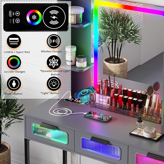 HNEBC Grey LED Vanity, Makeup Vanity with RGB Lights and 6 Drawers for Bedroom, Makeup Desk with USB/Wireless Charging, Dressing Table with Shelves/Cabins/Stool, Vanity Table Set as Gifts for Girls