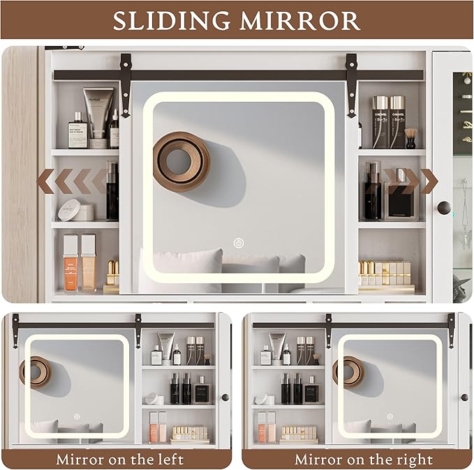 Makeup Vanity Desk with Sliding Mirror and Lights, Farmhouse Vanity Table Set with Power Outlet & RGB Cabinet, Dressing Table with Storage Drawers & Shelves for Kids Girls Women Bedroom, White