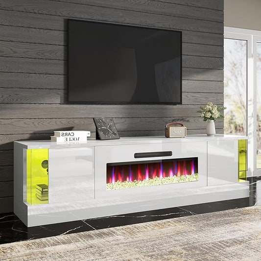 AMERLIFE High Gloss Fireplace TV Stand with 36" Fireplace, 70" LED Lights Entertainment Center with Flip Doors & Corner Glass Decor, Modern TV Console Table for TVs up to 80", Living Room, White&White