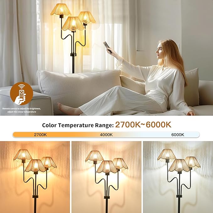 Rattan Floor Lamp for Living Room Bedroom,3-Light Floor Lamp with Remote Control,Boho Flower Lamp Black Tree Standing Lamp with 3 Color Temperature Tall Floor Lamps for Bedroom Corner