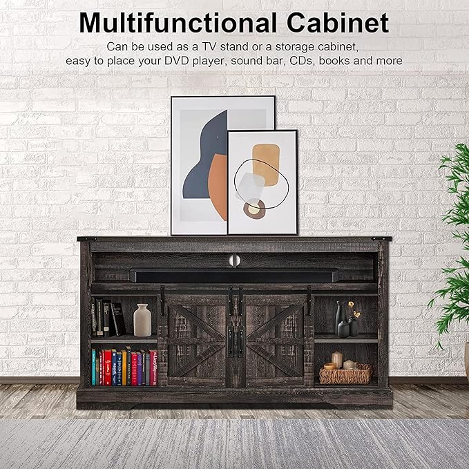 OKD Farmhouse TV Stand for 65+ Inch TV, 33" Tall Highboy Entertainment Center w/Sliding Barn Door, Rustic Media Console w/Storage Shelves, Wood Television Stand for Living Room, Dark Rustic Oak