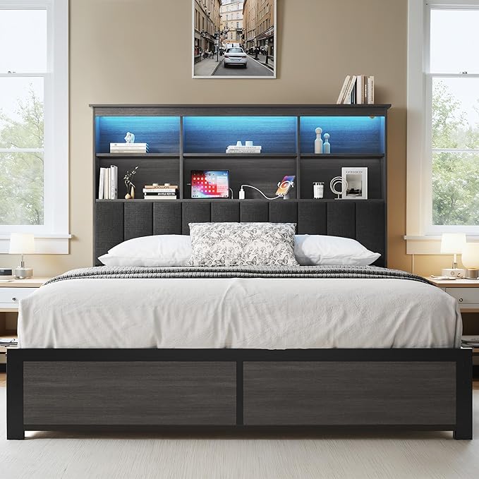 HISOFT Queen Bed Frame with Storage Headboard, Wood Bed with High Storage Bookcase, 4 Drawers & LED & Charging Station,No Box Spring Needed/Noise Free/All-Metal Support, Rustic Grey