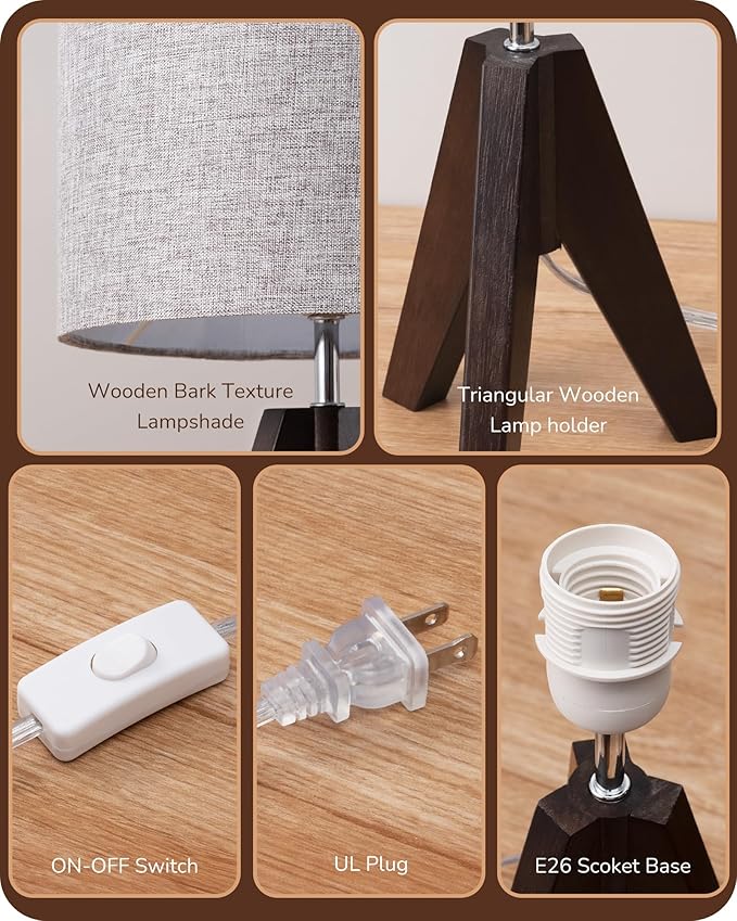 EDISHINE Boho Small Table Lamp, Walnut Color Wooden Tripod Bedside Lamp, Farmhouse Nightstand Lamp for Nursery, Bedroom, Office, Kid Room, Living Room, Grey Linen Lampshade, E26 Socket, 14.2 Inch