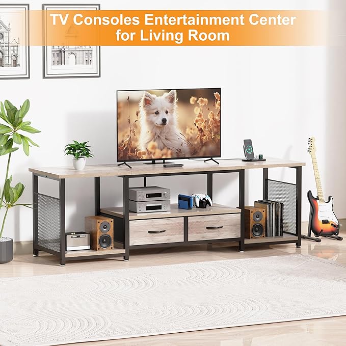 TV Stand with Drawers and Power Outlets for 75 70 65 Inch TV, Entertainment Center with Open Storage Shelves, Media Industrial TV Console Table for Living Room Bedroom Office, Greige