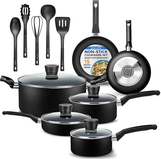 15-Piece Nonstick Kitchen Cookware Set - PTFE/PFOA/PFOS Free Heat Resistant Lacquer Kitchen Ware Pots Pan Set w/Bakelite Handles, Saucepan, Frying Pans, See-through Lid - SereneLife SLCW15BLK (Black)
