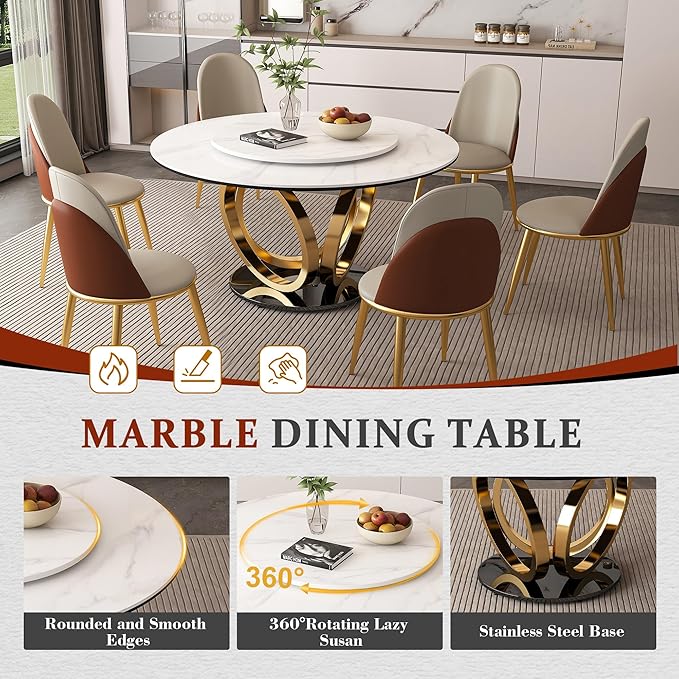 53" Round Modern Marble Dining Table with Lazy Susan, Sintered Stone Top for Kitchen, Dining Room, Dinette, Space Saving Design