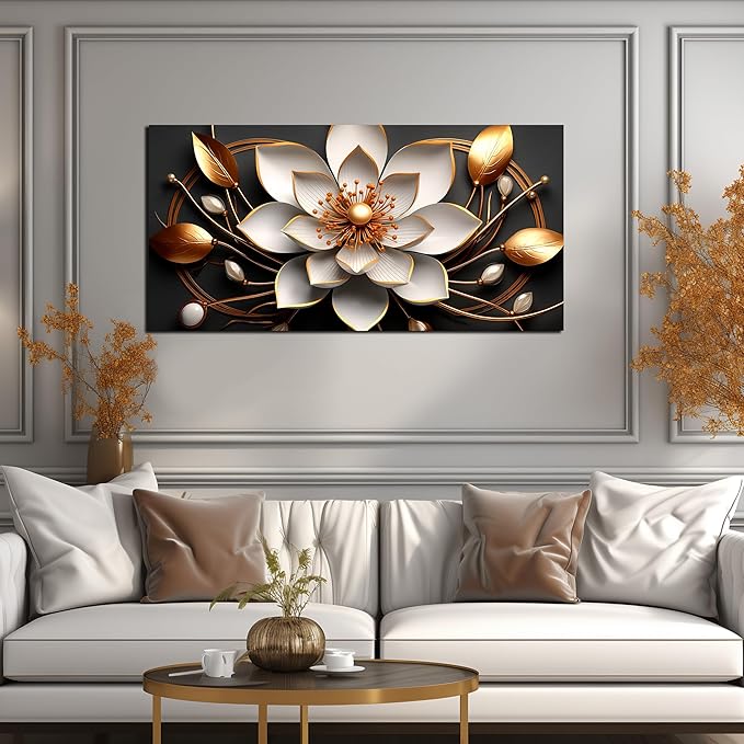 Large Artwork Canvas Wall Art for Living Room Office Room Bedroom Decor Wall Painting White and Gold Flowers Picture Modern Decorative Painting with Frame Ready to Hang Canvas Decor Size 20x40