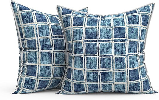 Outdoor Throw Pillow Covers Pack of 2, Decorative Water Repellent Square Pillow Cases 18x18 Inch, Patio Pillowcases for Home Patio Furniture Use, Denim Blue Checkered