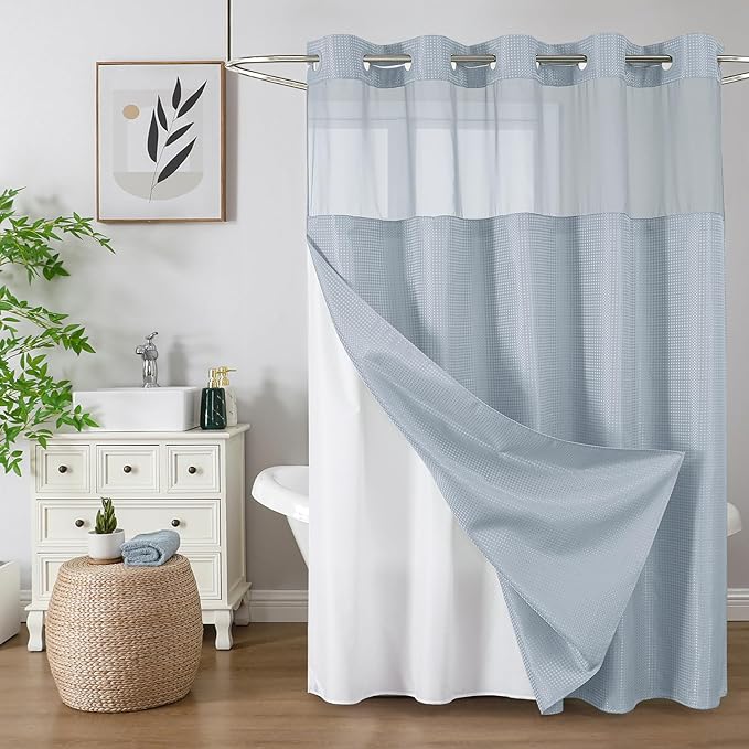Colorful Star No Hook Shower Curtain with Snap in Fabric Liner, Waffle Weave Heavy Duty Thick Shower Curtains with Mesh Top Window, Hotel Style Waterproof Bathroom Curtain Set, 72 x 75 Inch, Fog Blue